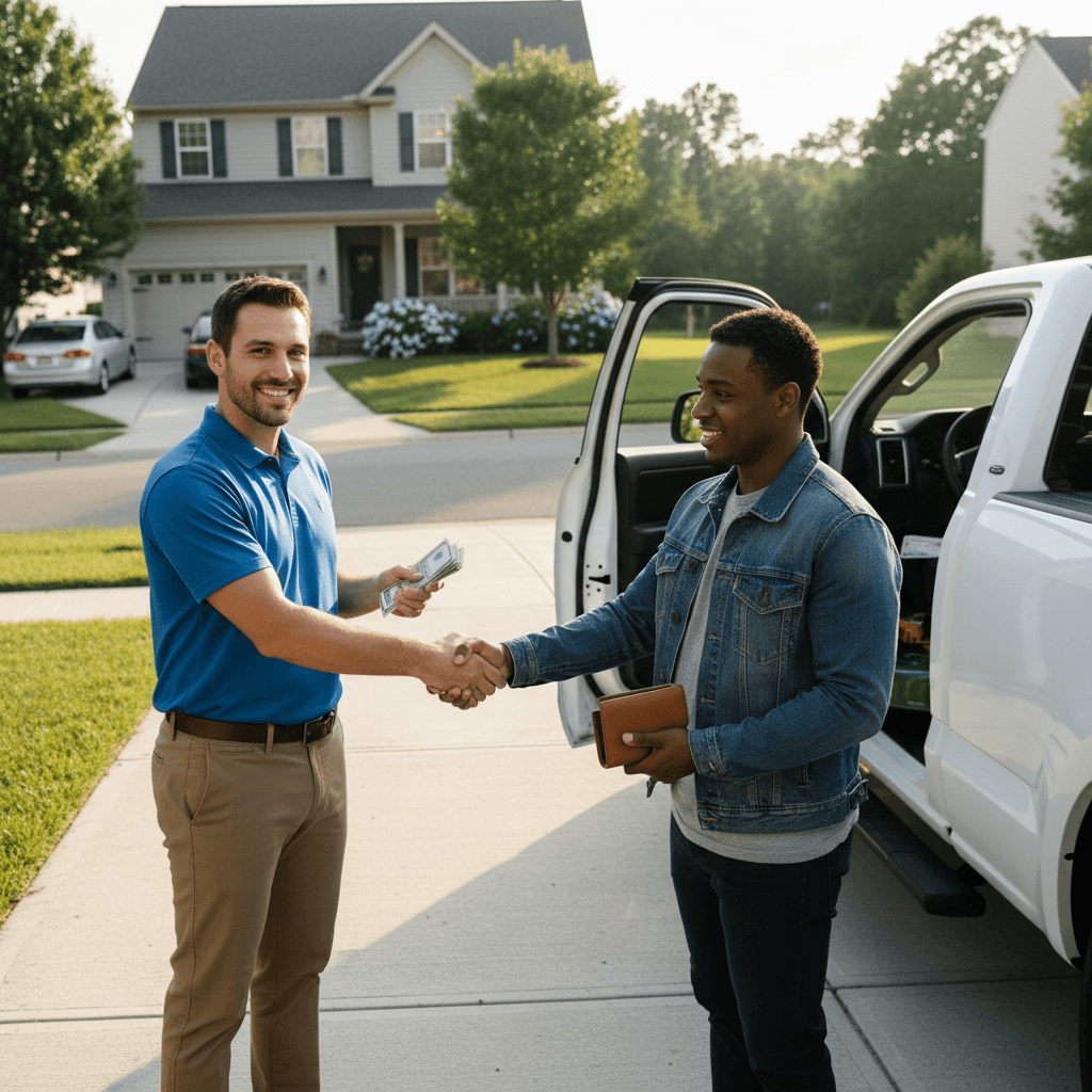 Person shaking hands with a cash payment outside in a residential driveway