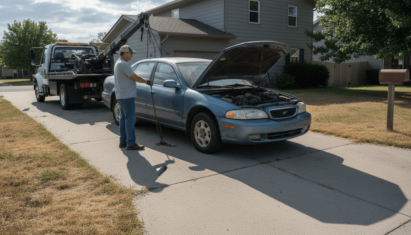 Tow truck beside a non-running sedan in a driveway