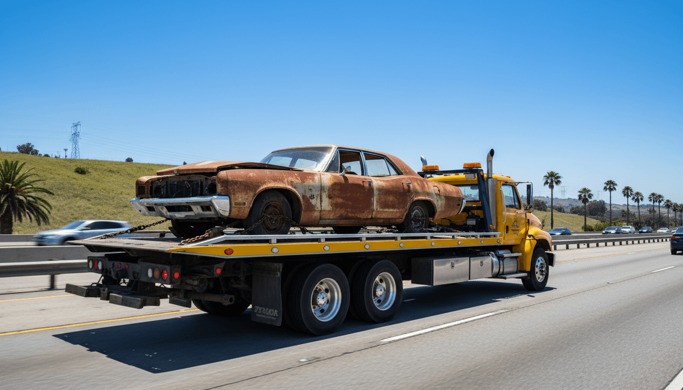 Junk car being towed by a flatbed truck on a sunny day