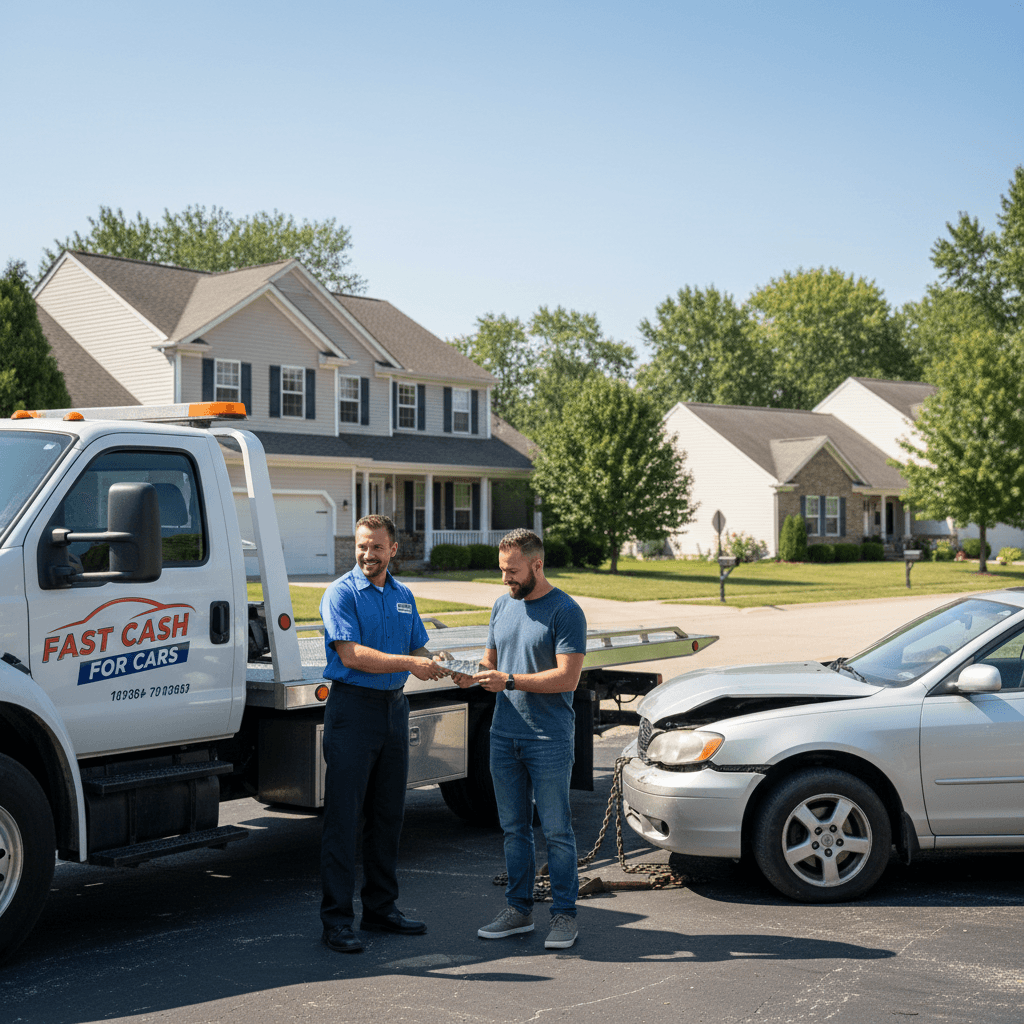 Tow truck in suburban driveway towing a damaged sedan, operator handing cash to customer in Michigan